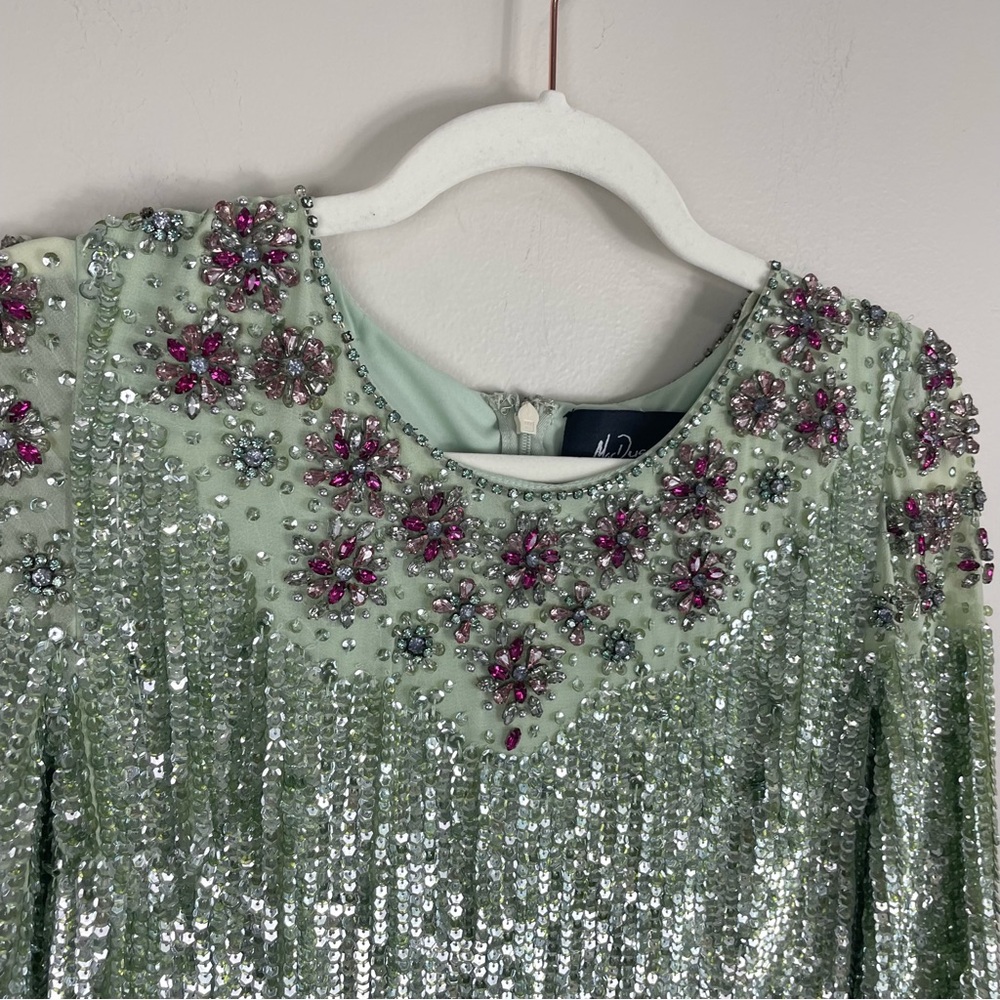 Mac Duggal Floral Beaded Dress Women 4 Sequins Tea Length Sage Green Long Sleeve - Picture 7 of 13